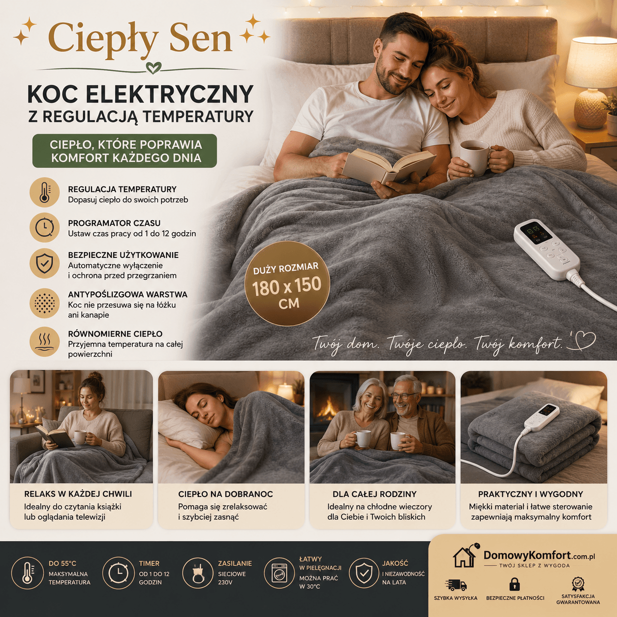 ♨️Ciepły Sen - Koc Elektryczny z Regulacją Temperatury🌙