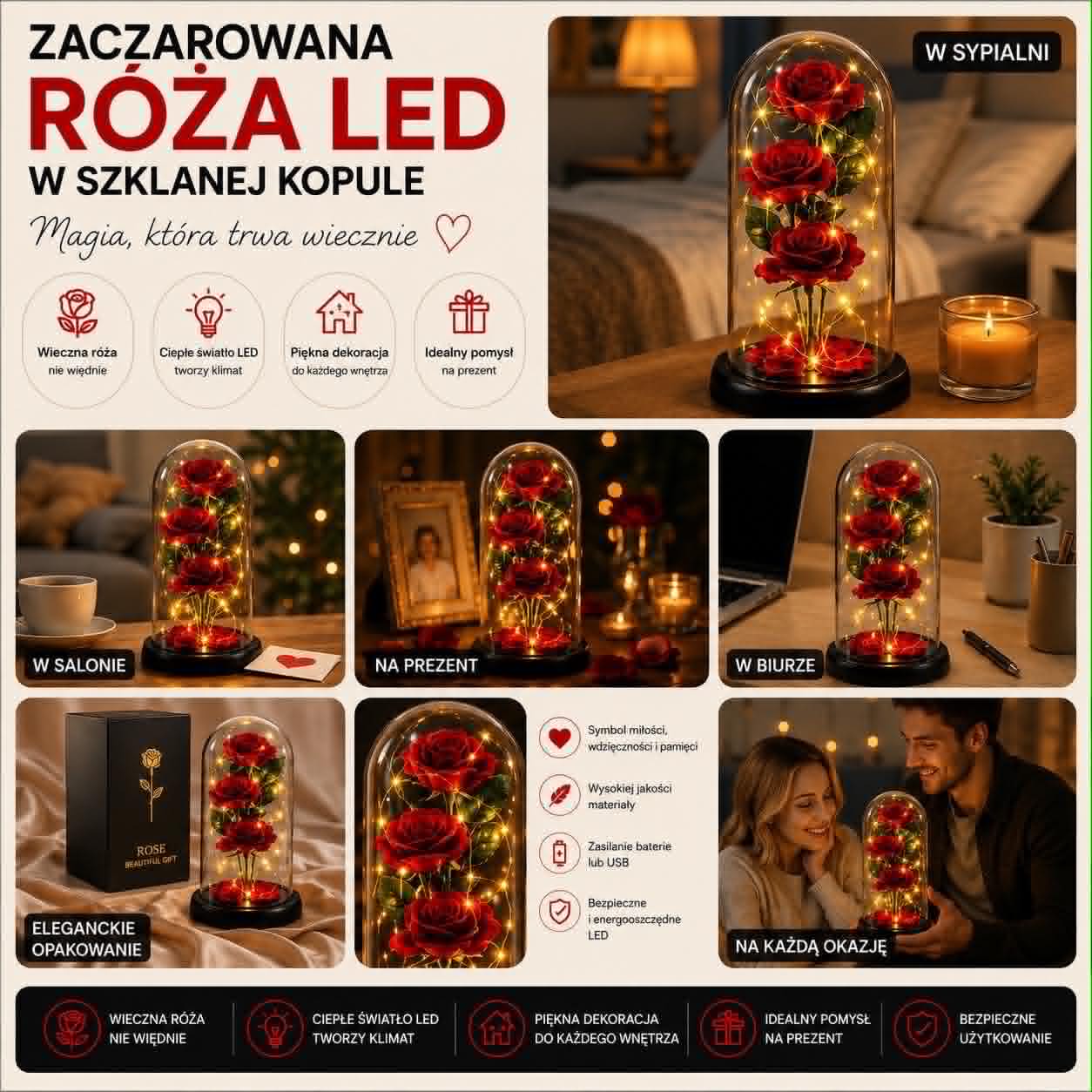 🌹Zaczarowana Róża - Róża LED w Szklanej Kopule🌹