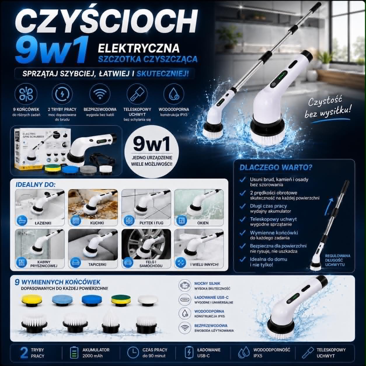 Czyścioch 9w1~Elektryczna szczotka Czyszcząca