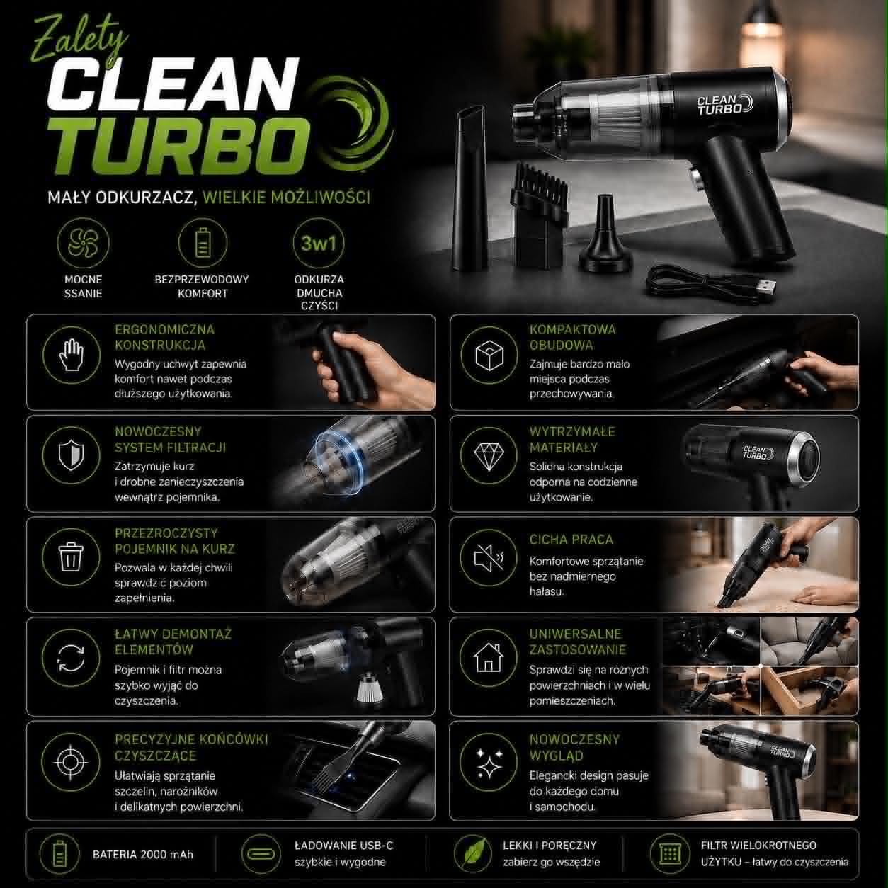 Clean Turbo~Bezprzewodowy Odkurzacz 3w1