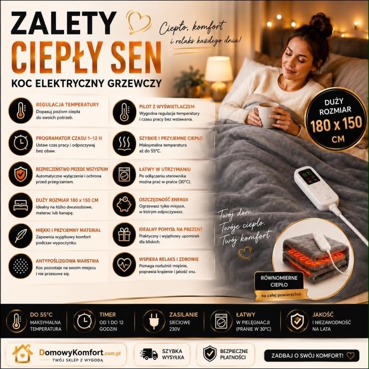 ♨️Ciepły Sen - Koc Elektryczny z Regulacją Temperatury🌙