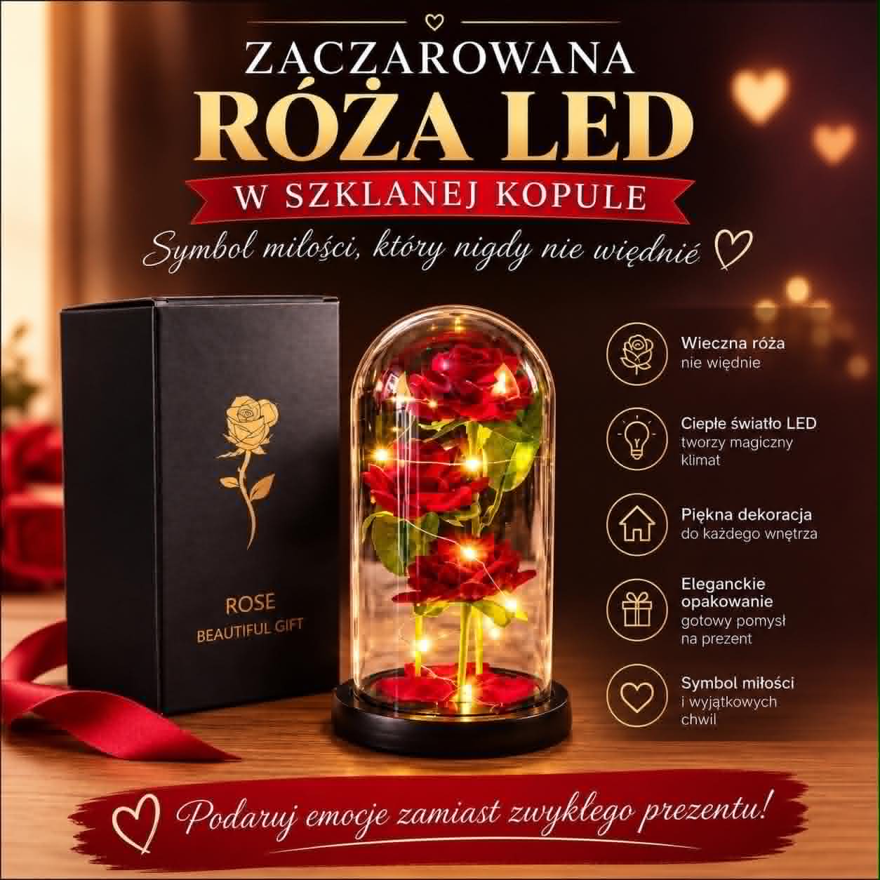 🌹Zaczarowana Róża - Róża LED w Szklanej Kopule🌹
