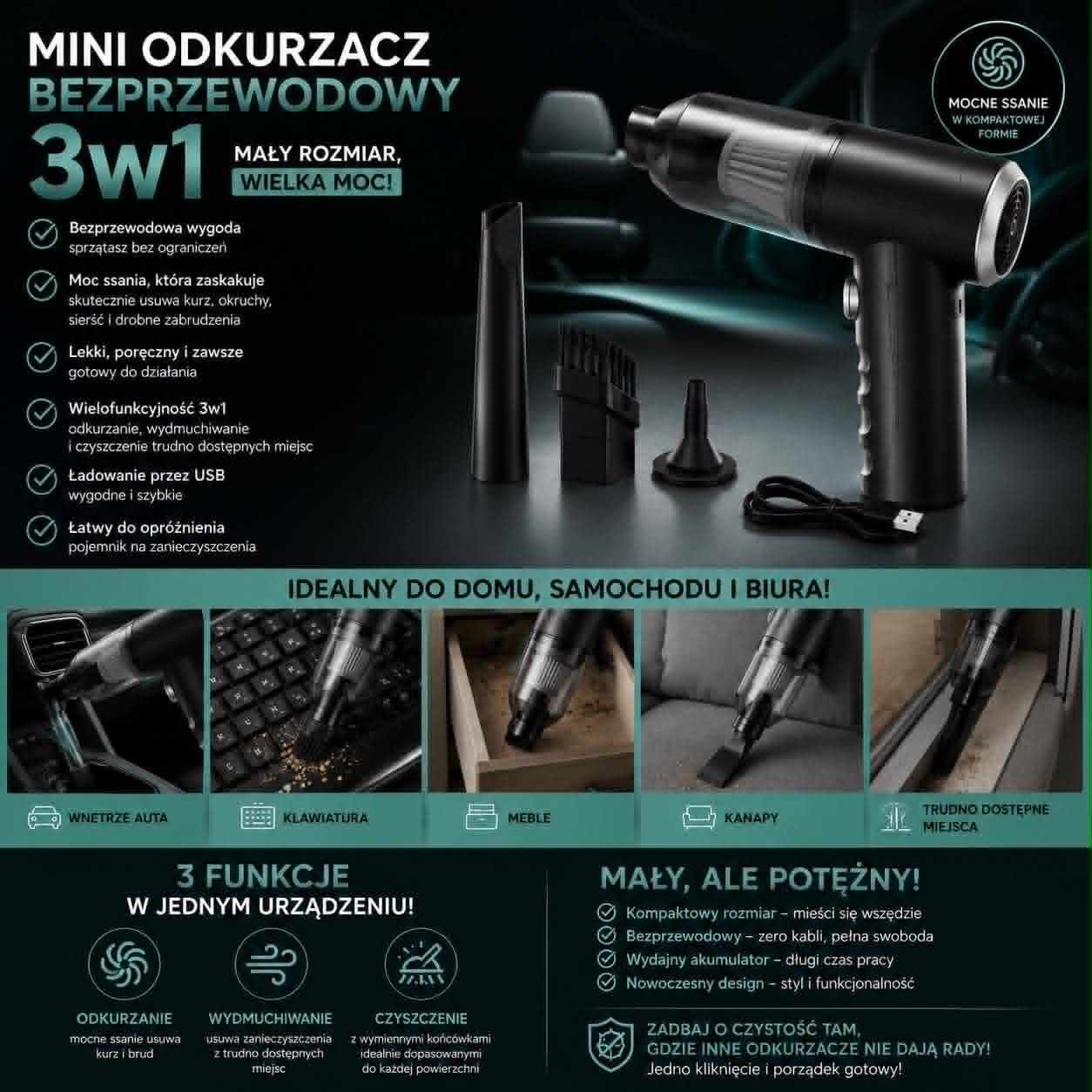 Clean Turbo~Bezprzewodowy Odkurzacz 3w1
