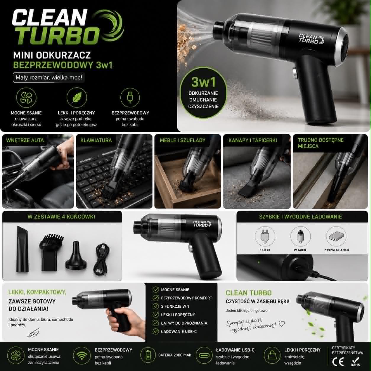 Clean Turbo~Bezprzewodowy Odkurzacz 3w1