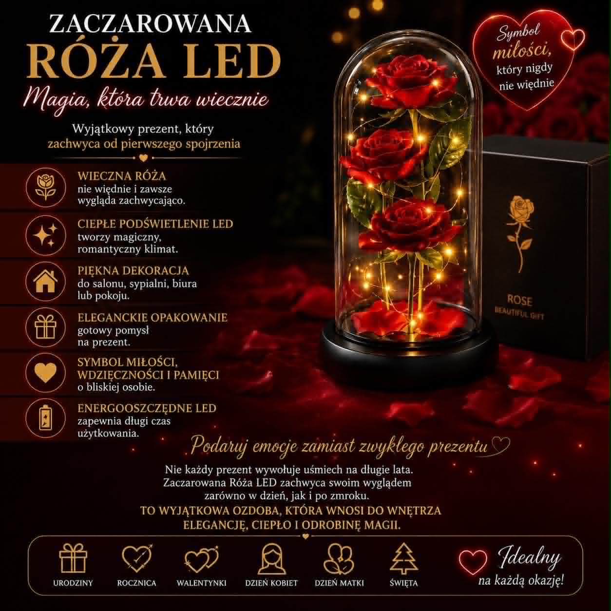 🌹Zaczarowana Róża - Róża LED w Szklanej Kopule🌹
