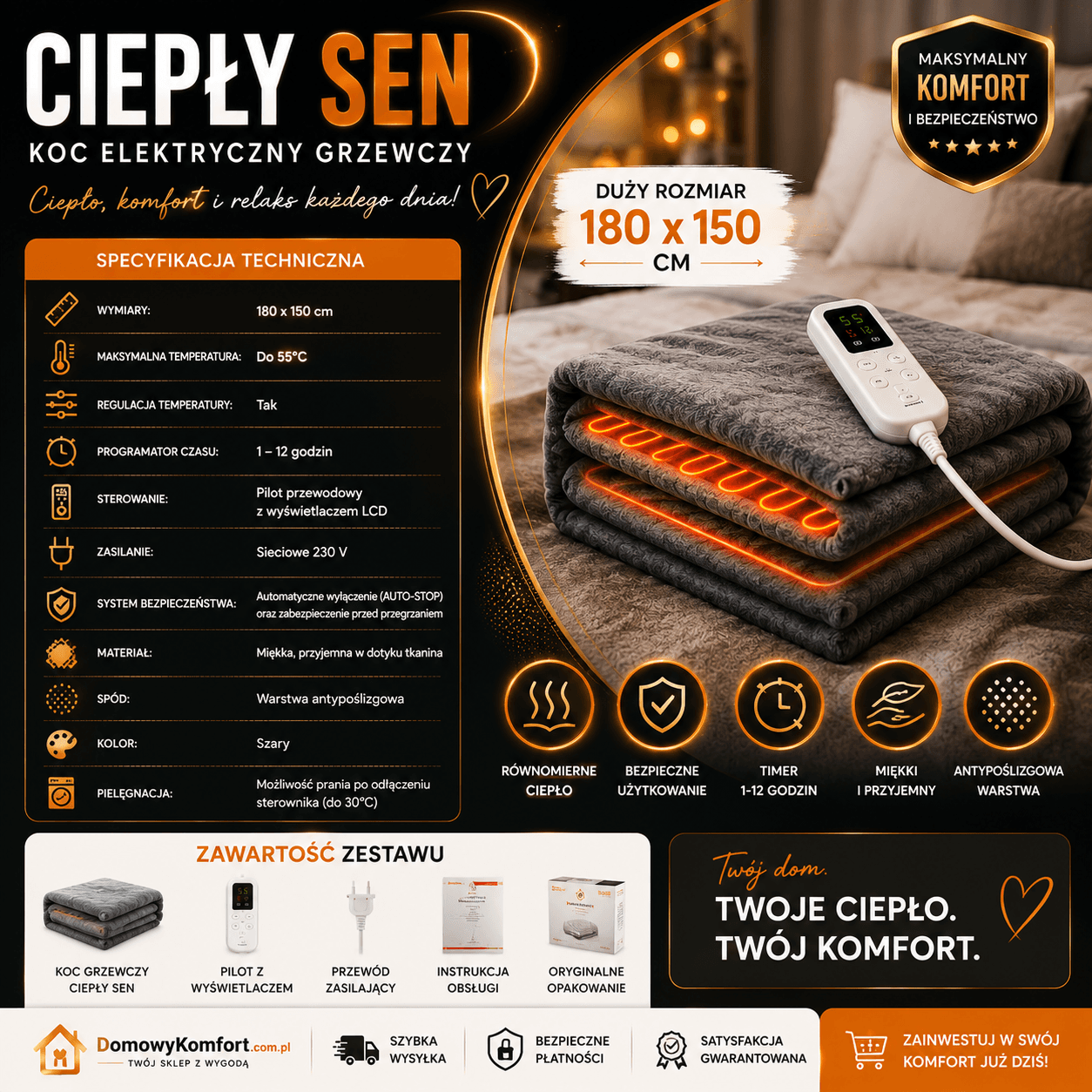 ♨️Ciepły Sen - Koc Elektryczny z Regulacją Temperatury🌙