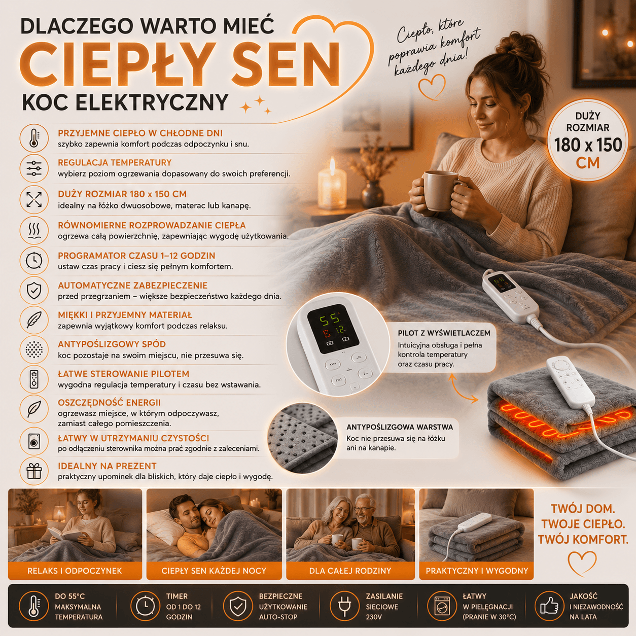 ♨️Ciepły Sen - Koc Elektryczny z Regulacją Temperatury🌙
