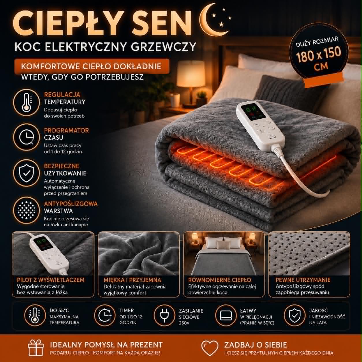 ♨️Ciepły Sen - Koc Elektryczny z Regulacją Temperatury🌙