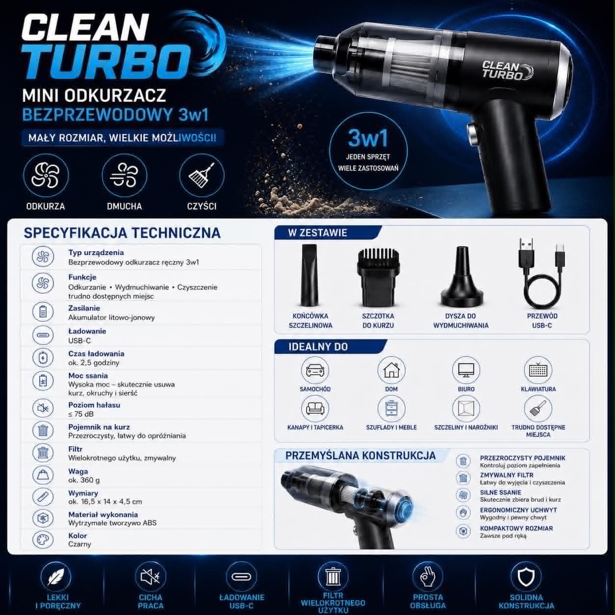 Clean Turbo~Bezprzewodowy Odkurzacz 3w1