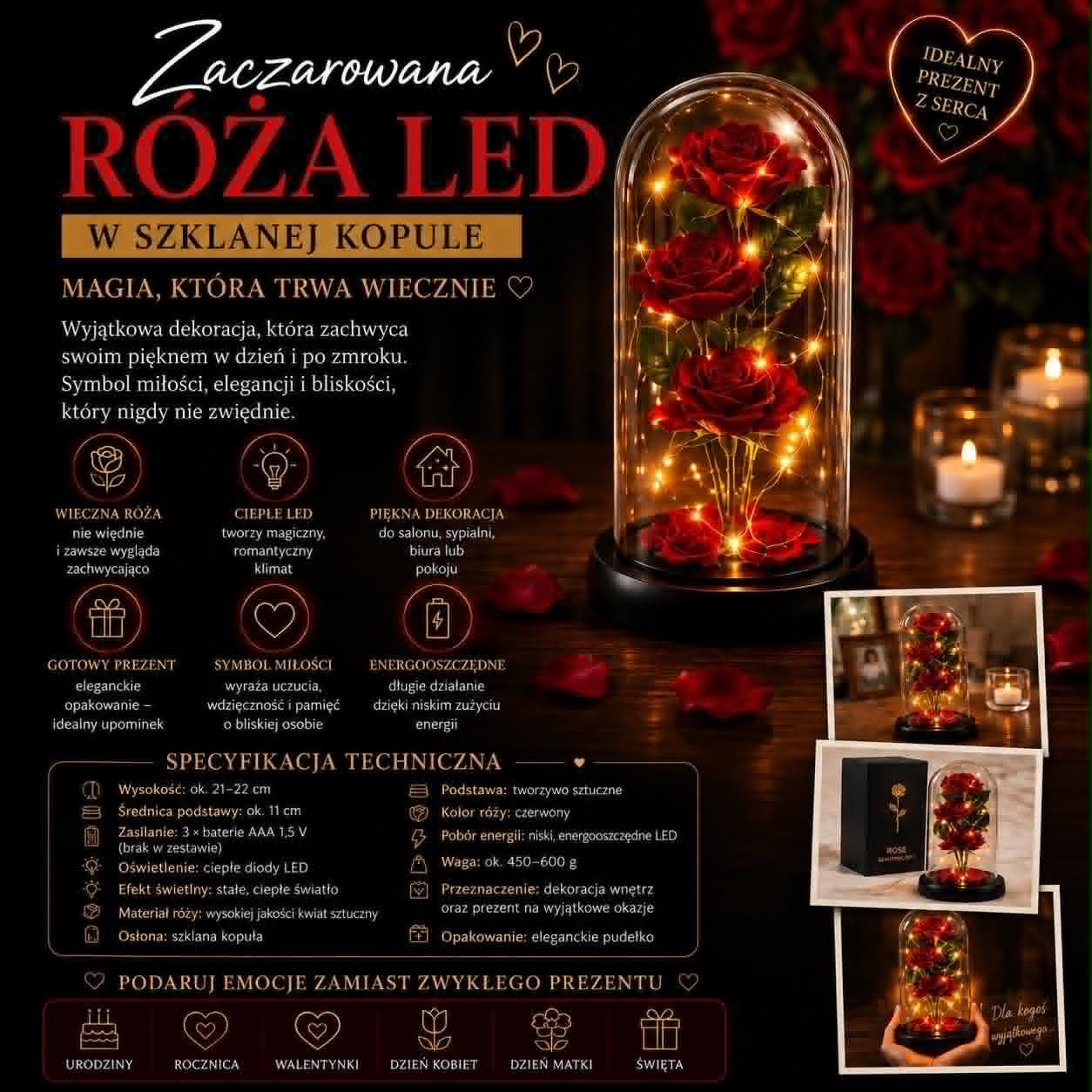 🌹Zaczarowana Róża - Róża LED w Szklanej Kopule🌹