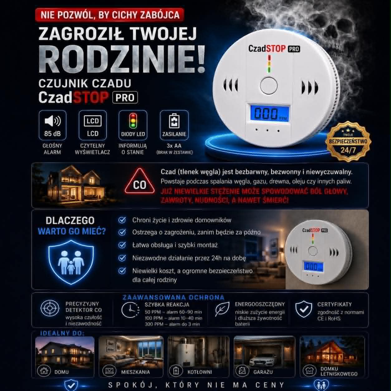 Czujnik czadu (tlenku węgla CO) z wyświetlaczem LCD – bezprzewodowy detektor bezpieczeństwa